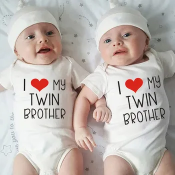 Recém-Nascidos Roupas De Bebê Letra Imprimir Eu Amo O Meu Irmão Gêmeo Algodão Romper Gêmeos Roupas De Bebê Recém-Nascido Meninos Macacão De Manga Curta