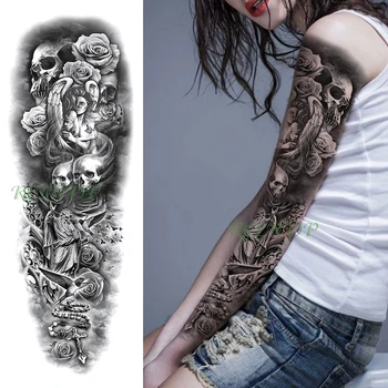 Impermeável da Etiqueta Temporária Tatuagem cruz do crânio da menina pássaro flor de rosa completo do braço falso tatto flash manga tatoo para homens mulheres