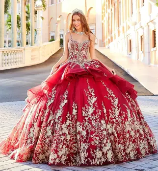2021 Vermelho Luxo Vestidos De Quinceanera De Espaguete Vestido De Baile Bling Rendas Appliqued Glitter Meninas Concurso De Vestidos De Baile Sweet 16 Dre
