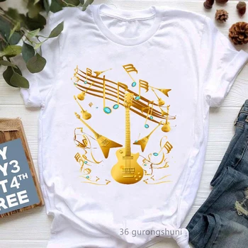 2022 Golden Nota Musical Guitarra De Impressão Tshirts Mulheres Roupas De Hip-Hop Amante Da Música, T-Shirt Femme Harajuku Camisa De Streetwear T-Shirt
