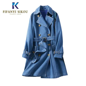 Alta qualidade de Luz azul Denim Trench coat Mulheres Double Breasted Cinto da Moda de Longo casaco de Senhoras de Negócios Outerwear 2020 Novo