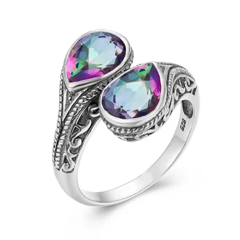Mulher Anéis de arco-íris Topázio Místico de Pedra Olho de Deus Verdadeiro Anel de Prata 925 Feminino Partido de Namoro Jóias Finas