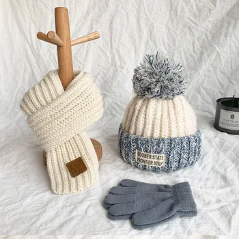 Outono inverno do bebê chapéu lenço conjunto de luva Crianças quente chapéu de lã cachecol de Meninos e meninas, lindo de tricô de lã, chapéus e lenços