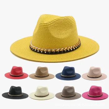 Primavera do chapéu de palha das mulheres sombras Panamá grande-borda do chapéu de sol ajustável todos-correspondência da cadeia de chapéu de cor sólida chapéu de palha de papel chapéu de palha