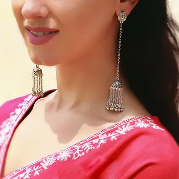 A nova safra de Bollywood Oxidado Cor de Prata Jhumka Jhumki Brincos Jóias para Mulheres Grandes Longo de Borla Afegão Indiano Cair Brinco