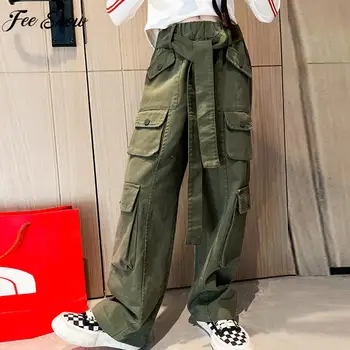 Meninas Solto e Casual Calças Cargo Moda coreana Street Style Hip Hop Calças de Perna Larga Calças com Cinto de Férias Escolares Diárias