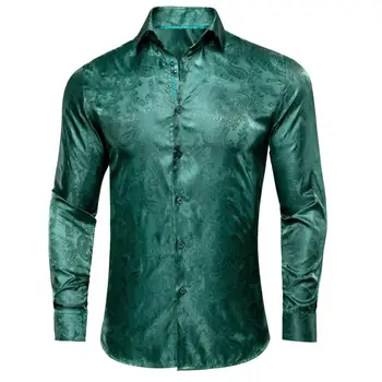 Verde escuro Paisley Seda Camiseta masculina Manga Longa Camisas Casuais Para Homens Jacquard Masculino Negócio Festa de Casamento Vestido de Hi-Laço Designer