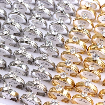 Atacado Pack de 20/50 de Jóias de Moda Para Mulheres de Cristal Mistura de Estilo de Anéis de Aço Inoxidável Festa de Casamento de Ouro, Cor de Prata Presentes