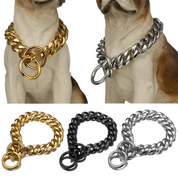 Banhado a Ouro Coleira do Cão Pesados de Aço Inoxidável Cuban Link Cadeia de Pet para Cães de Grande porte Valentão Pitbull Bulldog francês Coibir Colar