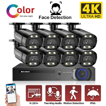 8CH 4K POE Kit de Detecção de Rosto CCTV Sistema NVR Exterior 8.0 MP Bala Câmera do IP de Áudio em Dois sentidos P2P de Vídeo e Vigilância de Segurança Cam