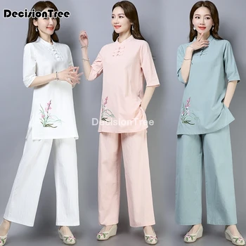 2021 retro estilo chinês mulheres conjunto de yoga calças soltas tops conjunto de tai vestuário de senhoras de roupa de exterior roupas de yoga meditação zen