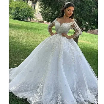 Princesa Vestido De Baile Vestidos De Noiva Em 2022, O Pescoço Mangas Compridas Vestido Casamento Do Laço Appliqus Frisado Vestidos De Noiva Suknie Slubne