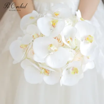 PEORCHID Cristal de Casamento, Buquê De Noiva 2019 Marfim Damas de honra Buquê Artificial de Seda, Flores, Rosas, Orquídeas Buquê de Noiva