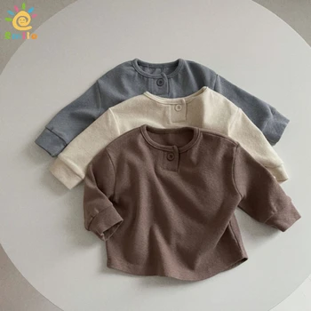 2023 Outono Novo Bebê com Espessura de Algodão de Manga Longa Infantil Meninos T-shirts Bebê Calças Calça de Elástico Listrado Cor Sólida Calças