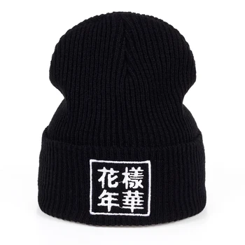 Versão coreana Unissex preto de Algodão K-POP Bangtan chapéu de Meninos Letras bordado de Lã boné chapéu de Malha de outono inverno Quente