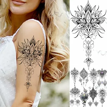 Realista Lotus Laço de Tatuagens Temporárias Para as Mulheres Adultas Falso Henna Pingente Mandala do Sol Etiqueta da Tatuagem DIY Impermeável Tatoos Colar