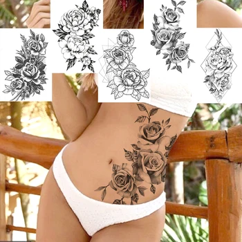 Desenho com lápis de Flor Tatuagens Temporárias Adesivo de Moda feminina Arte no Corpo, Braço de Wasit Tatoos Falso Preto Rosa Impermeável Tatuagem Decalque