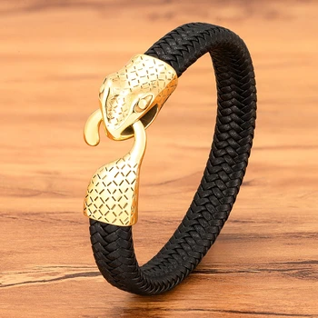 XQNI Moda Cobra Cabeça dos Homens de Aço Inoxidável do Bracelete de Couro de Charme Trançado Jóias de Presente de Aniversário Masculino Feminino Pulseiras