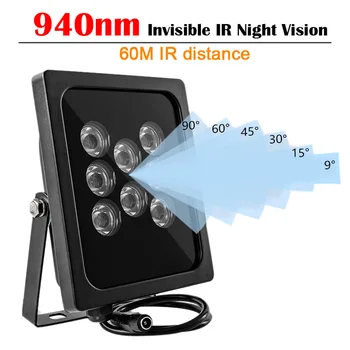 940NM Invisível Iluminador 60M de Distância IR 8Array LEDs Infravermelho Visão Noturna Impermeável Para a Câmera do CCTV 90/60/45/30/15/9 Grau