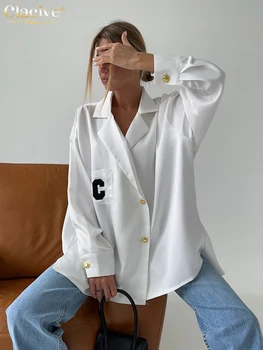 Clacive Moda Mulher Blusas 2023 Elegante Solto Branco Office Lady Camisas Casuais Lapela De Manga Longa, Blusas, Tops De Vestuário Feminino