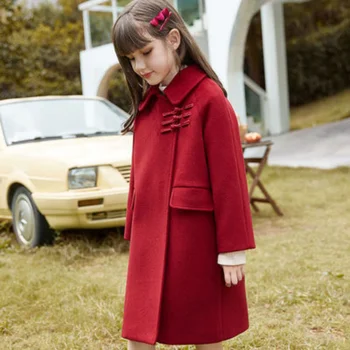 10 12Y Outono Inverno coreano Adolescente Meninas de Lã Vermelho Casacos de Lã Casaco para Menina de Comprimento Médio de Ano Novo de Roupa a Roupa das Crianças