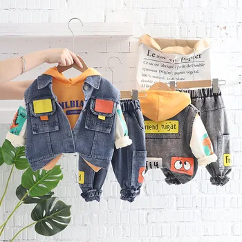 Bebê, roupas para crianças de primavera e outono, colete jeans bonito casual agasalho quente terno de três peças 012345 roupas de bebê