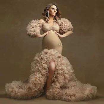 De Chiffon, Tule Sereia Vestido De Maternidade De Babados Plissado Saia De Gravidez Vestido Feito Babyshower