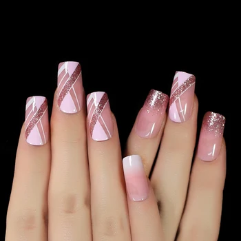 Médio Quadrado Glitter Nails Art Unhas Manicure Prima Em Unhas Postiças Com Concebido Linha Rosa Acrílico Tampa Completa Dicas