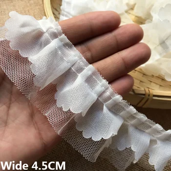 4.5 CM de Largura Branco Duplo Camadas de Malha 3D Plissado Material do Laço Gola Caimento do Vestido de Manga Cocar feito a mão DIY Acessórios de Costura