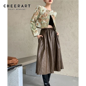 CHEERART Vintage Jacquard Cortada Jaqueta Mulheres Pintura a Óleo Designer de pêlo Curto Verde Outono Outwear coreano de Vestuário de Moda