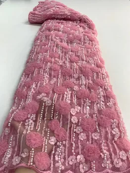 2022 Swiss Rosa de Luxo de Alta Qualidade Grânulos de 5 Jardas de Tecido Nigeriano Mão de Lantejoulas Laço Bordado 3D Para Moda, Mulher de Festa
