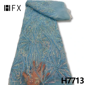 HFX-Africana Tecido de Renda 2022 Alta Qualidade Lantejoulas Material do Laço Bordado Nigeriano, Tule Tecido do Laço Para o Casamento de Costura H7713