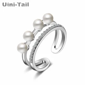 Uini-Rabo quente novo 925 Tibetano prata pérola micro-embutidos, duplo-camada de abrir anel Coreia do temperamento simples anel feminino moderno