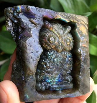 Bela Mão esculpida de quartzo natural Labradorite coruja cura de cristal para presentes