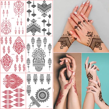 6 Pcs Henna Laço de Tatuagens Temporárias de Adesivo Preto e Vermelho Tatoo Adesivo Para Mãos E Corpo Adesivos Mulheres Meninas Tatoo de Casamento