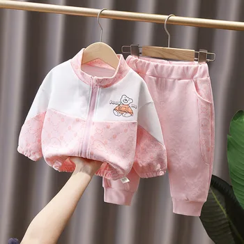 Contraste Bebê Bonito Meninas Completo Zip Hoodie+Sweatpant Conjuntos De Criança De Treino De Crianças De 2 Peças De Roupas De Vestuário De Primavera Outono 1-5 Anos
