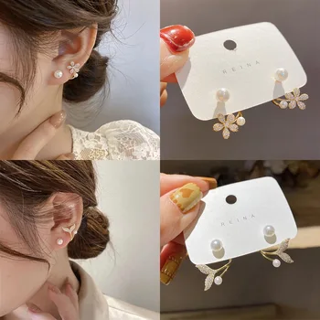 O coreano Única Pérola Flor de Cristal de Volta Dupla Face Brincos para Mulheres Ouvido Jaquetas Curva Piercing Lavoura Jóias Brincos
