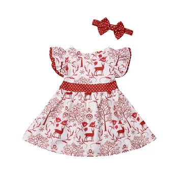 Natal de Criança de Bebê, Roupas de Meninas Bonito Veado Bowknot Concurso de Festa Vestido Formal+Cabeça de Roupa 2 Conjuntos de peças