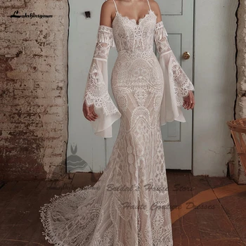Lakshmigown Boêmio Vestido de Noiva 2023 Vestidos De Noiva 2 em 1 Vintage Laço da Sereia Sexy Vestidos de Noiva com Alças finas