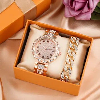 O luxo das Mulheres de Diamante com Pulseira de Relógio Conjunto de Senhoras Rosa de Ouro da Banda de Quartzo relógio de Pulso Elegante Feminino Relógios 2PCS Define Reloj Mujer