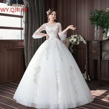 HMHS-019#Vestido de Noiva Bordado de Renda sobre o lucro mangas compridas S-Neck Lace casar com Vestidos de branco Longo Atacado barato bola vestido