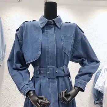 Mulheres Jaqueta Jeans Casual Cor Sólida Cinto de Moda Office Casaco Chique Epaulette Projeto de Longo Casaco de Trincheira 2021 Novo Ki4586