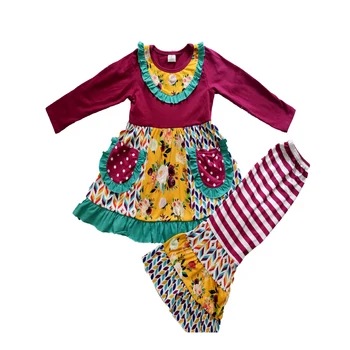 Atacado/varejo flor roupas de meninas bebê em patchwork tops+listra flare pants 2pcs conjunto de crianças boutique de roupas infantis terno