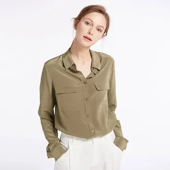 Alta Qualidade 100% Seda Sólido Camisa Mulheres 18mm Básica Chinês Mangas compridas Elegante Blusa Leve Ruga,-resistente Senhoras Topo