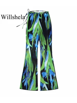 Willshela Mulheres Da Moda Tule Impresso Laço Calças Vintage Cintura Alta Fêmea Senhora Chique Grande Perna De Calças De Mulher