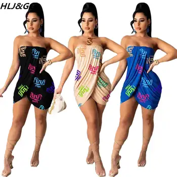 HLJ&GG Sexy Off Ombro Mini Vestidos de Mulheres cor-de-ROSA Letra Imprimir Ruched Wrap Dresses de Moda Graffiti sem Mangas Festa de Roupas do Clube