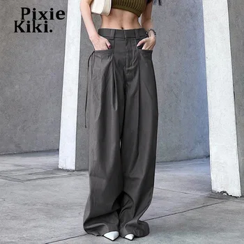 PixieKiki Streetwear Grande Perna de Calça Baggy Fundos de Womens Moda 2022 Cinza, Calças Soltas Legal Meninas P67-DZ24