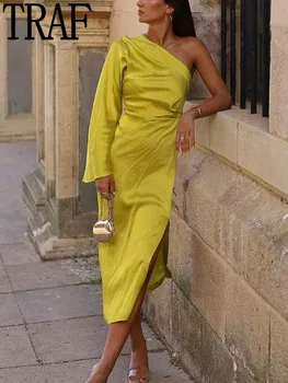 TRAF Assimétrico Longa Vestido das Mulheres de Cetim Amarelo Vestido de Mulher de Um Ombro Elegantes Vestidos de Festa 2022 Ruched Midi Vestidos de Verão