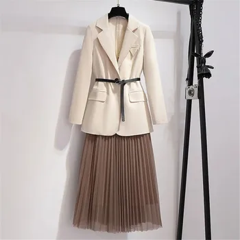 2022 Moda Primavera Office Senhoras 2pcs Atender as Mulheres de Folhas de Pescoço de V Blazer Jaqueta Casaco+Malha Plissada a Saia Longa coreano Duas Peças de Conjunto