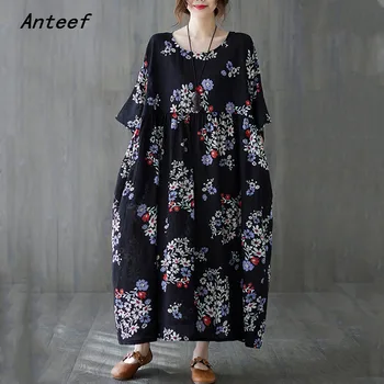 manga curta oversized preto de algodão vintage vestidos florais para as mulheres casual solta longo mulher vestido de verão roupas elegantes 2022